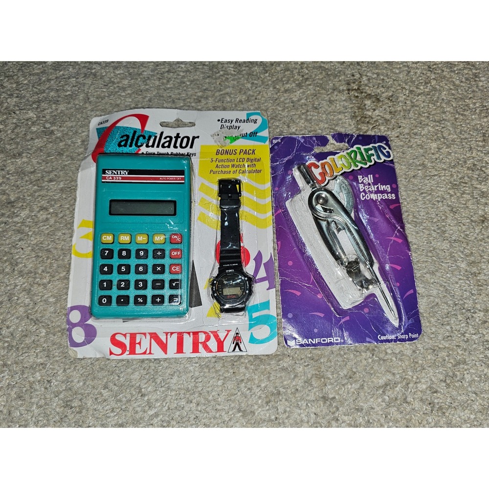 Bintage school supplies compass calculator and watch set original package